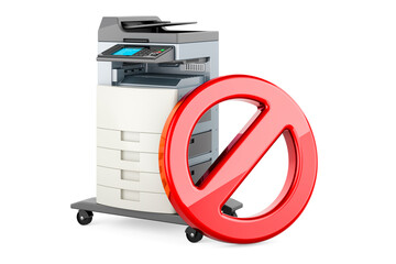 Office multifunction printer MFP with forbidden symbol. 3D rendering - obrazy, fototapety, plakaty