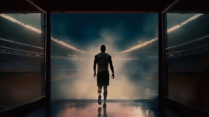 Fototapeta premium Determined sports athlete approaching the exit to the stadium. The anticipation, determination, and focus necessary for athletic success. Emotional intensity of competitive sports. Generative AI