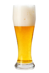 Glass of cold beer with foam, bubbles in drink, isolated on white background