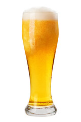 Glass of cold beer with foam, bubbles in drink, isolated on white background