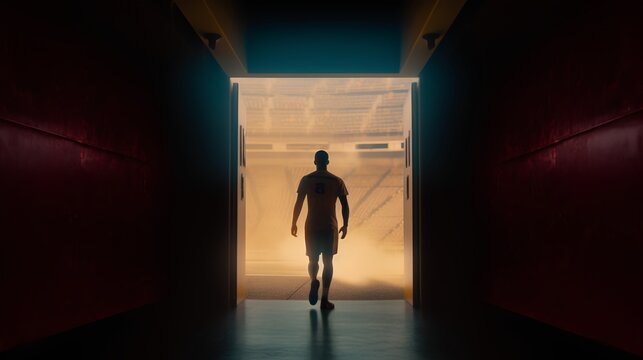 Determined sports athlete approaching the exit to the stadium. The anticipation, determination, and focus necessary for athletic success. Emotional intensity of competitive sports. Generative AI