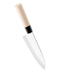 kitchen carving knife with wood handle, cutlery isolated on white background, full depth of field