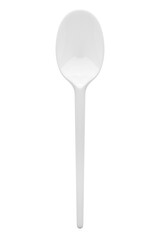 Disposable white plastic spoon, isolated on white background