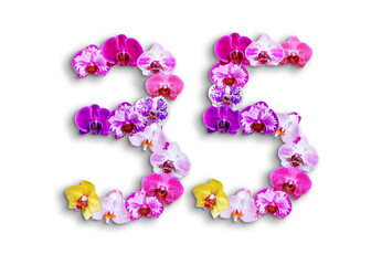 The shape of the number 35 is made of various kinds of orchid flowers. suitable for birthday, anniversary and memorial day templates