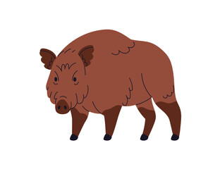 Wild boar, large forest pig, hog with brown fur. European Eurasian Sus Scrofa, swine beast. Woods fauna, omnivore mammal. Flat vector illustration isolated on white background