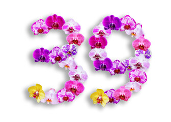The shape of the number 39 is made of various kinds of orchid flowers. suitable for birthday, anniversary and memorial day templates