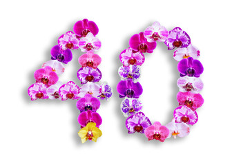 The shape of the number 40 is made of various kinds of orchid flowers. suitable for birthday, anniversary and memorial day templates
