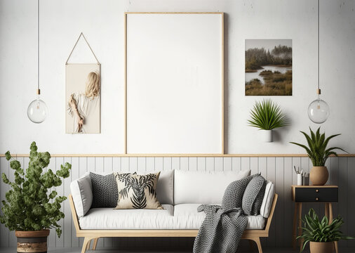 Elegant interior still life, Blank wooden picture frame mockup template, Modern Home, 