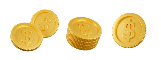 3d rendered illustration pack of isolated cash money dollar in concept of coin as a symbol of wealth, saving, investment and finance on transparent background
