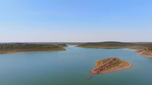Flying over the expansive Alange Dam on the Matachel River Extremadura
