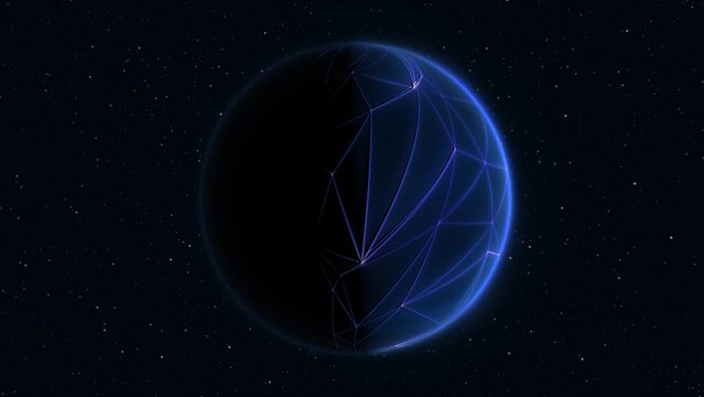 Abstract blue space futuristic planet round sphere against the background of stars, video 4k, 60 fps