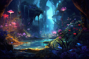 beautiful colorful fantasy jungle wit magical flowers, Generative AI