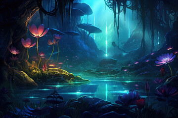 beautiful bioluminescent fantasy jungle with colorful magical flowers, Generative AI