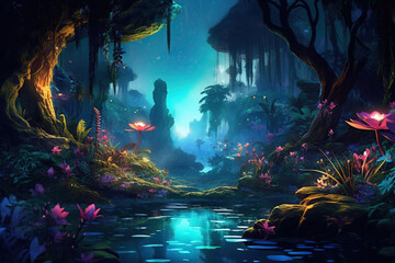 beautiful glowing fantasy jungle with colorful magical flowers, Generative AI