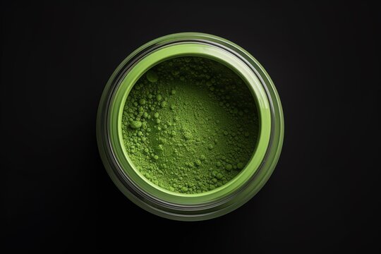 Japanese green matcha tea raw in a cup on black background. AI generated