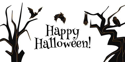 Happy Halloween horizontal banner. Dead trees and bats. Black and white illustration. Holiday decoration. Boo Trick or treat.