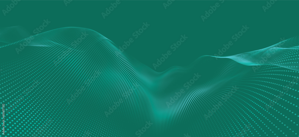 Poster wave of particles. futuristic dots pattern on dark background. big data digital code. technology or 