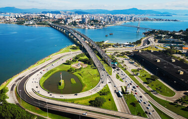 Aerial view of the city of Florianopolis during sunny day. Brazil, island of Santa Catarina