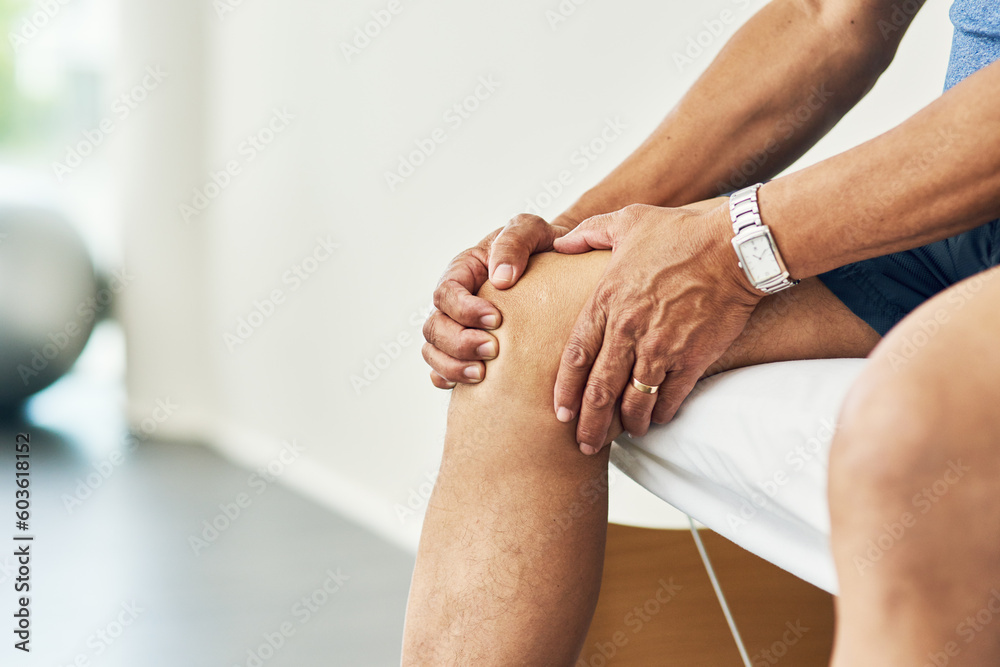 Poster Physiotherapy, knee pain and injury with legs of man in room for consulting, medical and arthritis. Rehabilitation, muscle and joint with closeup of patient in clinic for physical therapy and healing