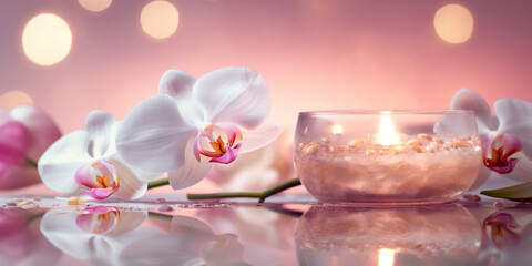 Obraz na płótnie Canvas Spa still life background. Candles and orchid flower on the water background. AI Generative