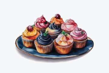 watercolor delicious cupcakes on plate