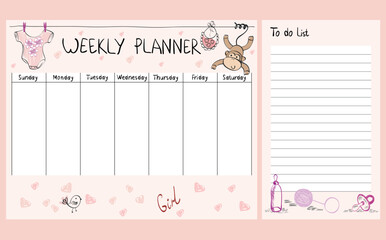 Hand drawing vector weekly planner with baby elements.