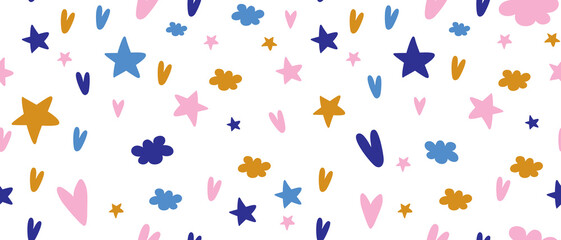 Colorful Hand Drawn Abstract Doodles Seamless Vector Pattern. Clouds, Hearts and Stars Isolated on a White Background. Simple Irregular Childish Style Repeatable Drawing ideal for Fabric.