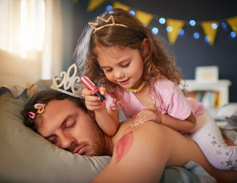 Sleeping, dad and girl drawing for fun, game and April Fools joke on face, body and paint with pink makeup. Father, sleep in kids bedroom and funny child, bed time and painting lipstick on man