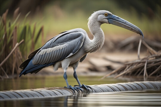 A Shoebilll Stork Stands At The Edge Of The Water Channel In The Bangweulu Wetlands In Zambia. Generative AI