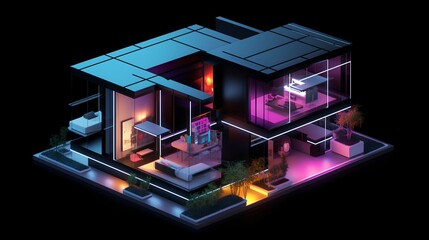 Smart home concept, isometric view. Dark colors with neon accents, exuding a sense of luxury, technology, and futuristic design associated with modern automated living spaces. Generative AI