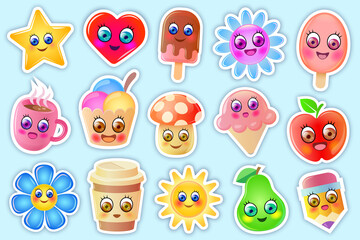 Cute stickers collection. Funny stickers with happy, funny cartoon characters. Cute flowers, ice creams, fruits and other cute characters.