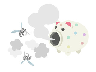 豚の器の、蚊取り線香で、蚊を撃退するイラスト