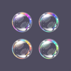 Soap bubbles  with rainbow reflection on dark background. Colorful element, clip art illustration. Vector 