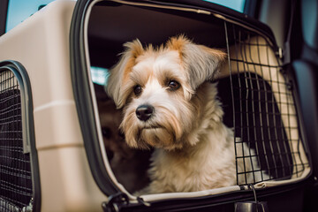 Dog sits in a pet carrier. Moving with animals. Carrying for animals 