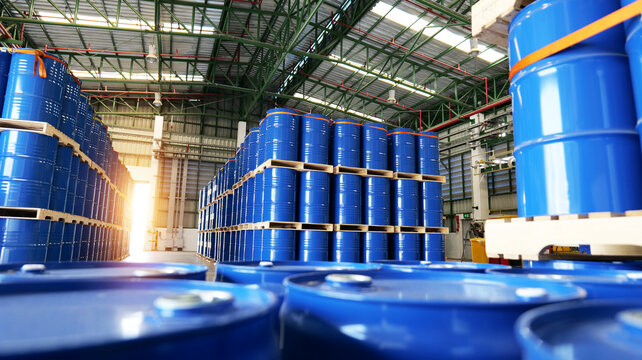 a blue barrel In the warehouse, 200-liter chemical barrels are arranged on wooden pallets and waiting for delivery. Transportation technology, petroleum industry, and chemical industry concepts