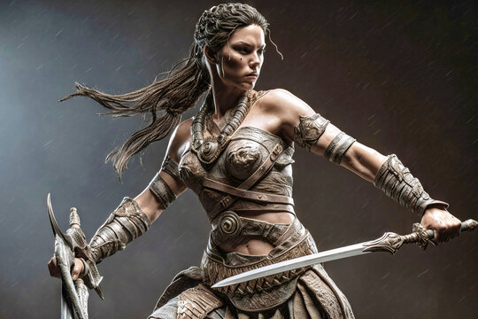 A beautiful woman wearing brass armor wielding a sword, fantasy