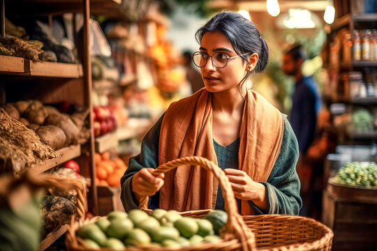 Indian Young Woman With Large Round Glasses Looks At The Assortment In A Health Food Store, Made With Generative Ai