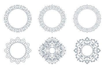 Set of decorative frames Elegant vector element for design in Eastern style, place for text. Floral gray and white borders. Lace illustration for invitations and greeting cards