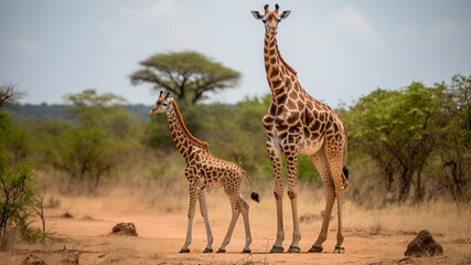 Obraz premium Giraffe Mother and Calf Standing Side by Side. Savannah Wildlife, African Nature.