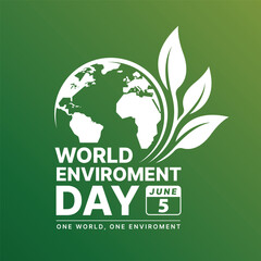 World Environment Day, one world on enviromrnt - text and white sign of globe and leafs on gradient green background vector design - obrazy, fototapety, plakaty