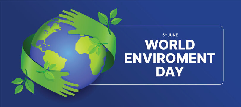 World Environment Day - Green hands sign with hold earth world with leaves branch hold hug around circle globe world on blue background vector design