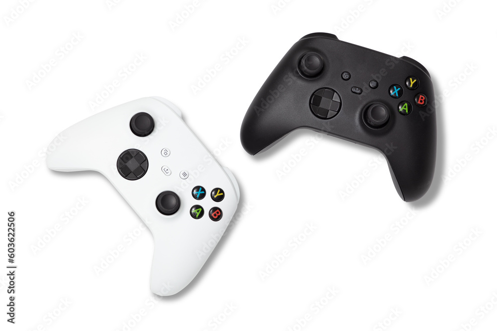 Canvas Prints photo of used white and black gamepads console controllers isolated over a transparent background, g