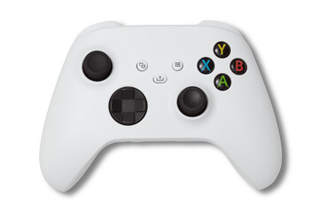 photo of used white gamepad console controller isolated over a transparent background, gaming design elements, flat lay / top view with subtle shadow - Powered by Adobe