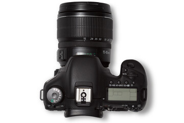 photo of used modern black DSLR camera isolated over a transparent background, cutout photography...