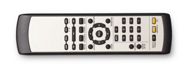 photo of used modern av receiver / home theater remote control isolated over a transparent background, cutout design elements, flat lay / top view with subtle shadow