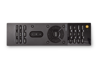 photo of used modern av receiver / home theater remote control isolated over a transparent background, cutout design elements, flat lay / top view with subtle shadow