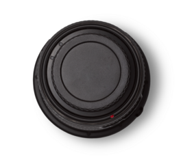 photo of modern black DSLR or mirrorless closed camera lens isolated over a transparent background, cutout photography design elements, flat lay / top view with subtle shadow