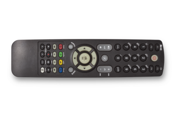 photo of used modern tv / home theater / smart tv box remote control isolated over a transparent background, cutout design elements, flat lay / top view with subtle shadow