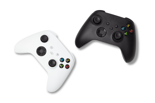 photo of used white and black gamepads console controllers isolated over a transparent background, gaming design elements, flat lay / top view with subtle shadow