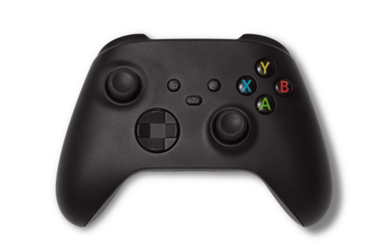 photo of used black gamepad console controller isolated over a transparent background, gaming design elements, flat lay / top view with subtle shadow - Powered by Adobe